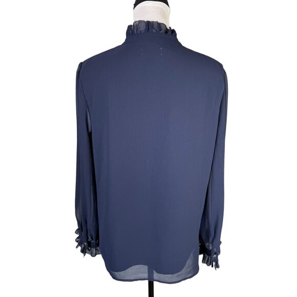 Carmen Marc Valvo Navy Sheer Chiffon Long Sleeve Button Up Business Blouse - Picture 6 of 13